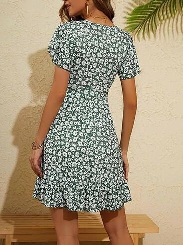 Women's Sexy V-Neck Floral Print Short-Sleeve Dress for Women Short A-Line Skirt with Ruffled Hem in Saudi Arabia