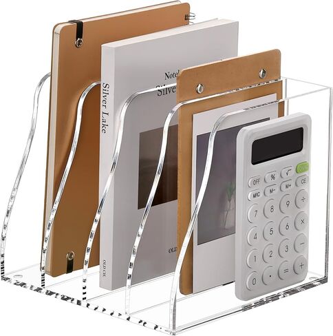 SANRUI Acrylic Desk File Organizer, 4 Vertical Compartments Clear Magazine File Holder Workspace Sorters, Folder Rack for Office Accessories Organization Storage in Kuwait