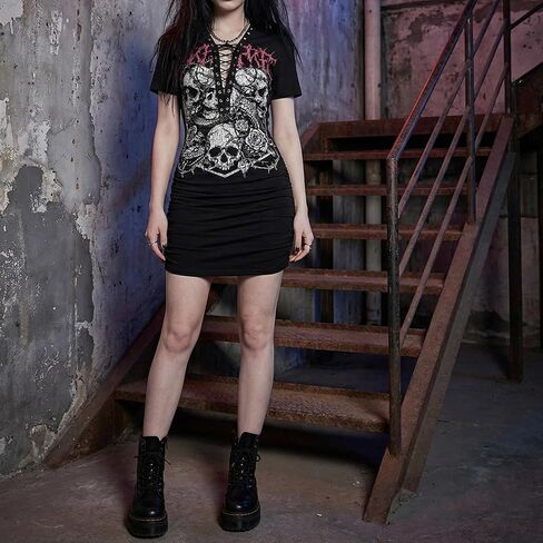 Women's Skull Snake Rose Print Bodycon Dress - Gothic Lace-Up Ruched Mini Dress for Streetwear & Clubwear in Saudi Arabia