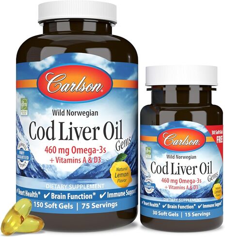 Carlson - Cod Liver Oil Gems, 460 mg Omega-3s + Vitamins A & D3, Wild-Caught Norwegian Arctic Cod Liver Oil, Sustainably Sourced Nordic Fish Oil Capsules, Lemon, 180 Softgels in Saudi Arabia