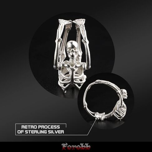 Skull Ring 925 Sterling Silver Handcrafted Gothic Rock Punk Diablo Vintage Cocktail Party Biker Retro [Skeleton 60028] - Light Silver in Kuwait