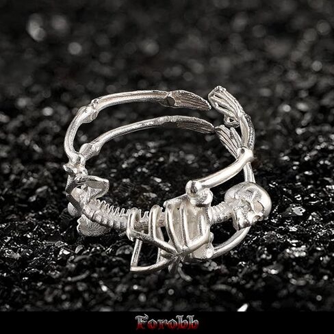 Skull Ring 925 Sterling Silver Handcrafted Gothic Rock Punk Diablo Vintage Cocktail Party Biker Retro [Skeleton 60028] - Light Silver in Kuwait