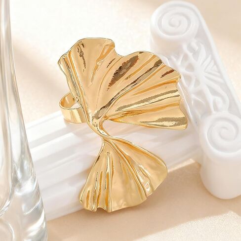 Large Chunky Gold Ginkgo Leaf Statement Ring for Women, Silver Vintage Boho Pleated Leaves Knuckle Rings Exaggerated Geometric Petal Party Jewelry Gift in Saudi Arabia