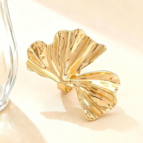 Large Chunky Gold Ginkgo Leaf Statement Ring for Women, Silver Vintage Boho Pleated Leaves Knuckle Rings Exaggerated Geometric Petal Party Jewelry Gift in Saudi Arabia