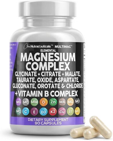 Magnesium Complex 2285mg with Magnesium Glycinate Citrate Malate Oxide Taurate Aspartate Gluconate Orotate & Mag Chloride, Zinc Copper Manganese & Vitamin C B1 B2 B6 B12 Complex - 90 Count Made in USA in Kuwait