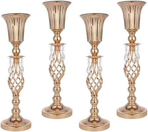 Metal Flower Trumpet Stripe Vases Crystal Table Centerpieces Artificial Flower Arrangements for Anniversary Celebration/Wedding/Party/Birthday Event Aisle Home Decor(Gold, 2Sets(4 Pcs)) in Saudi Arabia