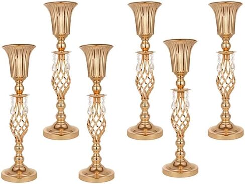 Metal Flower Trumpet Stripe Vases Crystal Table Centerpieces Artificial Flower Arrangements for Anniversary Celebration/Wedding/Party/Birthday Event Aisle Home Decor(Gold, 2Sets(4 Pcs)) in Saudi Arabia