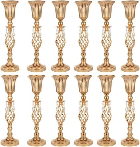 Metal Flower Trumpet Stripe Vases Crystal Table Centerpieces Artificial Flower Arrangements for Anniversary Celebration/Wedding/Party/Birthday Event Aisle Home Decor(Gold, 2Sets(4 Pcs)) in Saudi Arabia