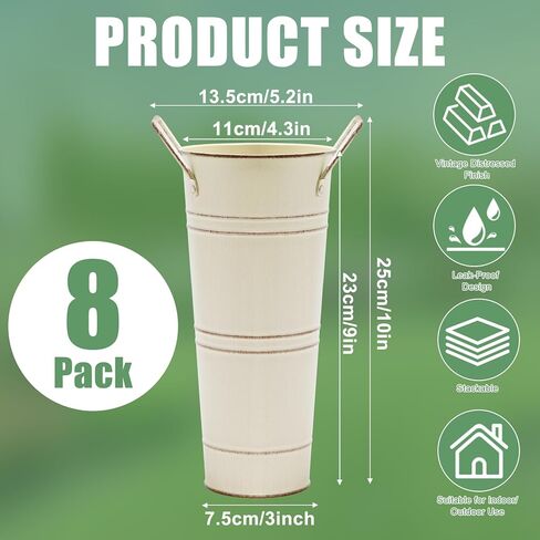 8 عبوات من المزهريات المعدنية المجلفنة للزهور، دلو زهور مقاس 9 بوصة مع مقابض، دلو فرنسي لديكور المنزل وطاولات حفلات الزفاف والديكورات المركزية، بيج in Kuwait