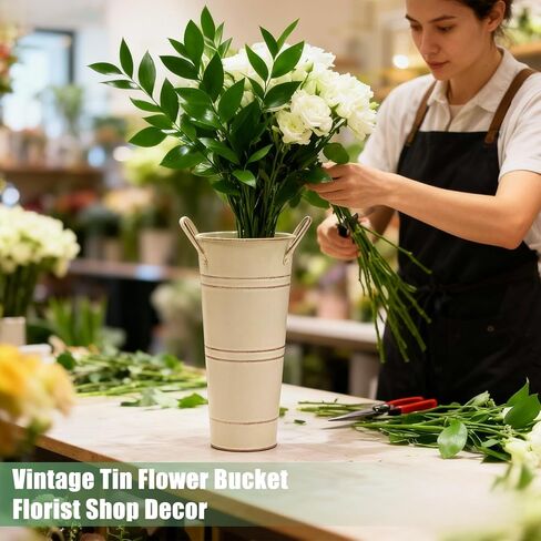8 عبوات من المزهريات المعدنية المجلفنة للزهور، دلو زهور مقاس 9 بوصة مع مقابض، دلو فرنسي لديكور المنزل وطاولات حفلات الزفاف والديكورات المركزية، بيج in Kuwait