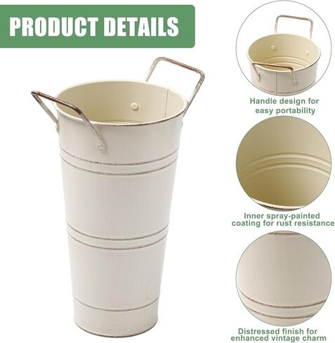 8 عبوات من المزهريات المعدنية المجلفنة للزهور، دلو زهور مقاس 9 بوصة مع مقابض، دلو فرنسي لديكور المنزل وطاولات حفلات الزفاف والديكورات المركزية، بيج in Kuwait