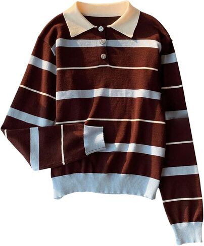 MakeMeChic Women's Striped Sweater Button Collared Long Sleeve Knit Y2k Pullover Tops in Saudi Arabia