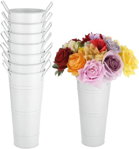 8 Pcs White Flower Buckets, Galvanized Metal Flower Vases, Rustic Farmhouse Floral Buckets with Handles, French Country Decor Containers for Wedding Centerpieces in Kuwait