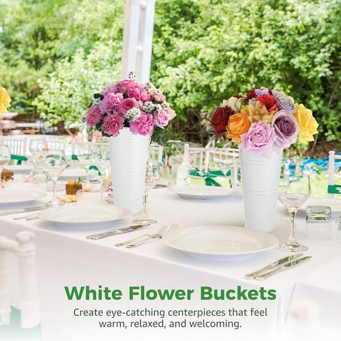 8 Pcs White Flower Buckets, Galvanized Metal Flower Vases, Rustic Farmhouse Floral Buckets with Handles, French Country Decor Containers for Wedding Centerpieces in Kuwait