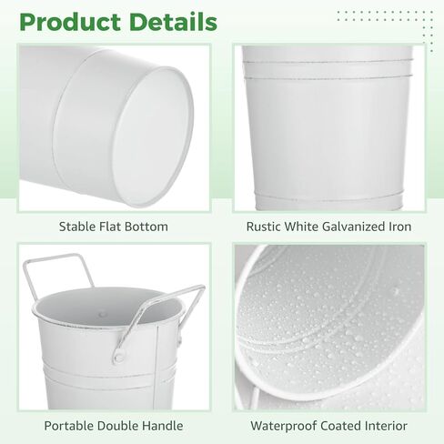 8 Pcs White Flower Buckets, Galvanized Metal Flower Vases, Rustic Farmhouse Floral Buckets with Handles, French Country Decor Containers for Wedding Centerpieces in Kuwait