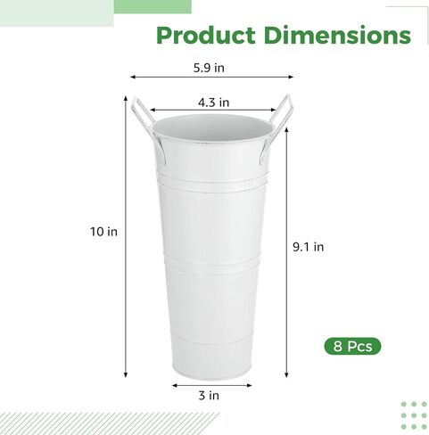 8 Pcs White Flower Buckets, Galvanized Metal Flower Vases, Rustic Farmhouse Floral Buckets with Handles, French Country Decor Containers for Wedding Centerpieces in Kuwait