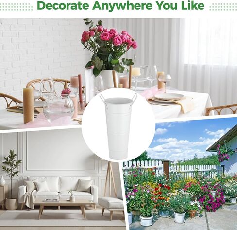 8 Pcs White Flower Buckets, Galvanized Metal Flower Vases, Rustic Farmhouse Floral Buckets with Handles, French Country Decor Containers for Wedding Centerpieces in Kuwait
