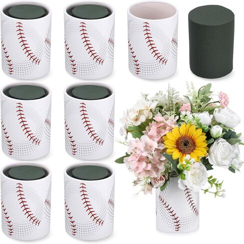 6 Set 5 Inch Baseball Table Centerpiece Sports Round Flower Box with Paper Removable Foam Vase for Artificial Flowers Baseball Utensil Holder Kitchen Home Party Decorations in Saudi Arabia