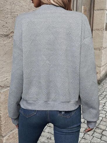 Zip-Up Long Sleeve Casual Outerwear with Textured Design, Women's Knit Bomber Jacket, Soft Lightweight in Saudi Arabia