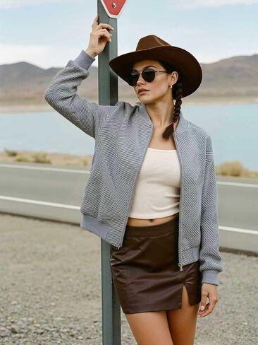 Zip-Up Long Sleeve Casual Outerwear with Textured Design, Women's Knit Bomber Jacket, Soft Lightweight in Saudi Arabia