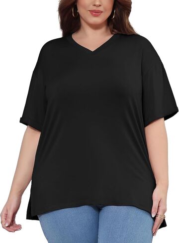 Womens Plus Size Tops Oversized V Neck T Shirt Short Sleeve Comfort Elastic Fabric for Workout Daily Wear(L-5XL) in Saudi Arabia