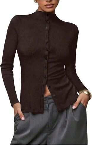 تي شيرت نسائي برقبة وهمية بأزرار سفلية وأكمام طويلة، تي شيرت أنيق ملابس عمل مكتبية in Kuwait