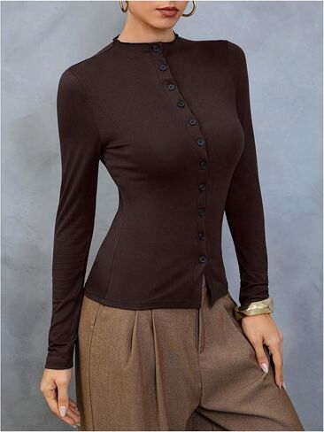 Women's Button Down Mock Neck T Shirts Long Sleeve Fitted Tee Tops Dressy Office Work Clothes in Saudi Arabia
