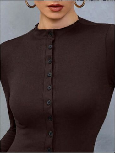 Women's Button Down Mock Neck T Shirts Long Sleeve Fitted Tee Tops Dressy Office Work Clothes in Saudi Arabia