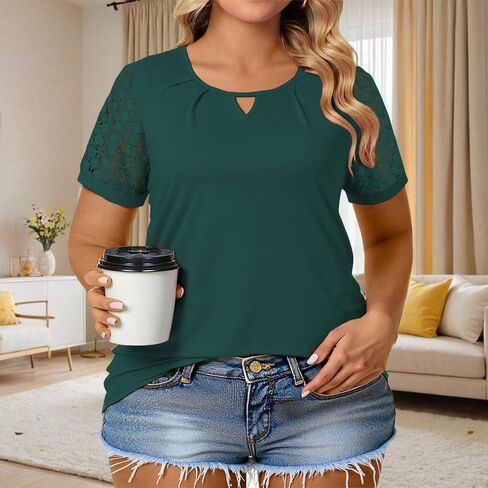 Womens-Plus-Size-Summer-Tops Dressy Lace Short Sleeve T Shirts Casual Keyhole Crewneck Blouses Tunics in Saudi Arabia