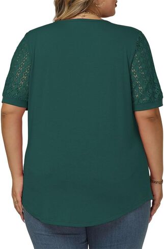 Womens-Plus-Size-Summer-Tops Dressy Lace Short Sleeve T Shirts Casual Keyhole Crewneck Blouses Tunics in Saudi Arabia