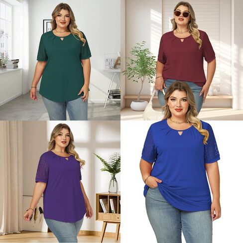 Womens-Plus-Size-Summer-Tops Dressy Lace Short Sleeve T Shirts Casual Keyhole Crewneck Blouses Tunics in Saudi Arabia
