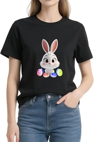 Women's Easter Shirts: Bunny Eggs Pattern Casual Round Neck Short Sleeve T-Shirt in Saudi Arabia