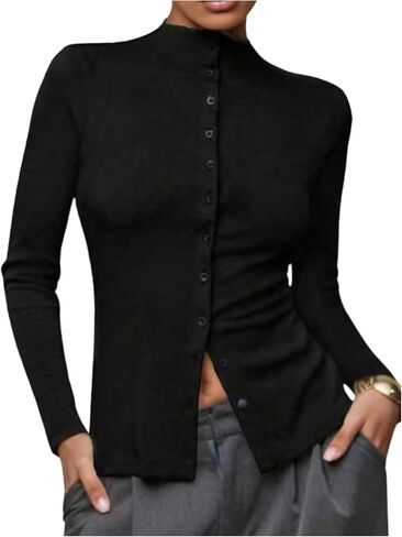 Women's Button Down Mock Neck T Shirts Long Sleeve Fitted Tee Tops Dressy Office Work Clothes in Saudi Arabia