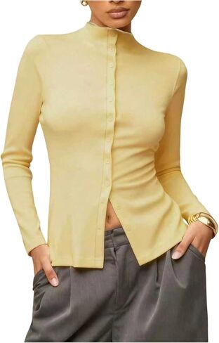 Women's Button Down Mock Neck T Shirts Long Sleeve Fitted Tee Tops Dressy Office Work Clothes in Saudi Arabia