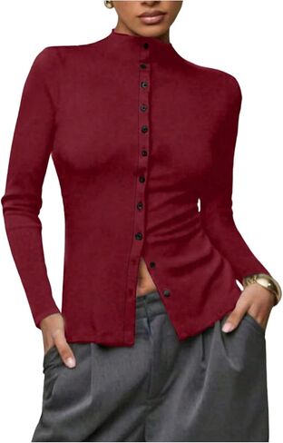 Women's Button Down Mock Neck T Shirts Long Sleeve Fitted Tee Tops Dressy Office Work Clothes in Saudi Arabia