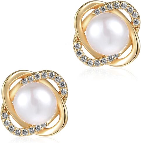 Yolev Pearl Stud Earrings for Women Gold Knot Pearl and Diamond Earrings Cute Elegant Small Pearls Earrings 18K Gold Plated Sterling Silver Post with two earplugs for Bridal Wedding Prom Jewelry Gift in Saudi Arabia