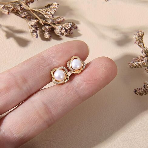 Yolev Pearl Stud Earrings for Women Gold Knot Pearl and Diamond Earrings Cute Elegant Small Pearls Earrings 18K Gold Plated Sterling Silver Post with two earplugs for Bridal Wedding Prom Jewelry Gift in Saudi Arabia