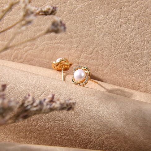 Yolev Pearl Stud Earrings for Women Gold Knot Pearl and Diamond Earrings Cute Elegant Small Pearls Earrings 18K Gold Plated Sterling Silver Post with two earplugs for Bridal Wedding Prom Jewelry Gift in Saudi Arabia