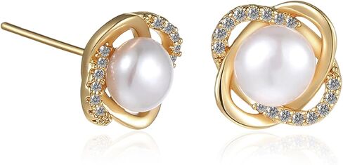 Yolev Pearl Stud Earrings for Women Gold Knot Pearl and Diamond Earrings Cute Elegant Small Pearls Earrings 18K Gold Plated Sterling Silver Post with two earplugs for Bridal Wedding Prom Jewelry Gift in Saudi Arabia