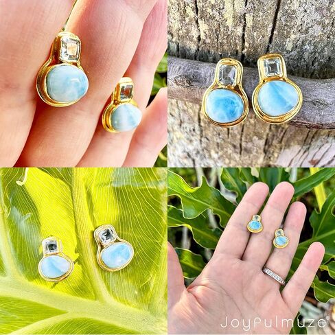 أقراط من الأحجار الكريمة لاريمار جمشت أخضر من الفضة الإسترليني 925، ذهب أصفر عيار 18 قيراط، أقراط عيد ميلاد مصنوعة يدويًا للنساء، أحجار طبيعية in Kuwait