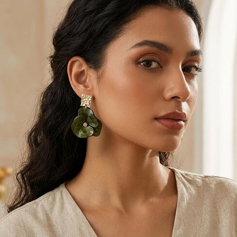 Floral Stud Earrings, Bohemian Big Flower Earring Gold Plated Dainty Flower Stud Earrings for Banquet Party, Unique Gold Fashion Jewelry Gifts for Women (Green/White/Brown) in Saudi Arabia