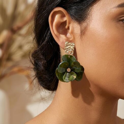 Floral Stud Earrings, Bohemian Big Flower Earring Gold Plated Dainty Flower Stud Earrings for Banquet Party, Unique Gold Fashion Jewelry Gifts for Women (Green/White/Brown) in Saudi Arabia