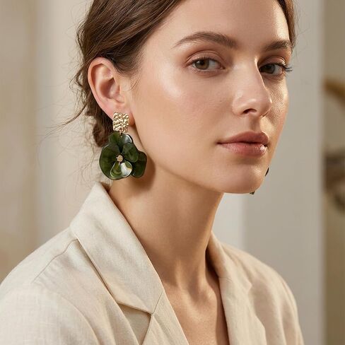 Floral Stud Earrings, Bohemian Big Flower Earring Gold Plated Dainty Flower Stud Earrings for Banquet Party, Unique Gold Fashion Jewelry Gifts for Women (Green/White/Brown) in Saudi Arabia