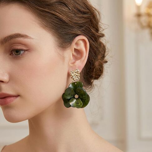 Floral Stud Earrings, Bohemian Big Flower Earring Gold Plated Dainty Flower Stud Earrings for Banquet Party, Unique Gold Fashion Jewelry Gifts for Women (Green/White/Brown) in Saudi Arabia