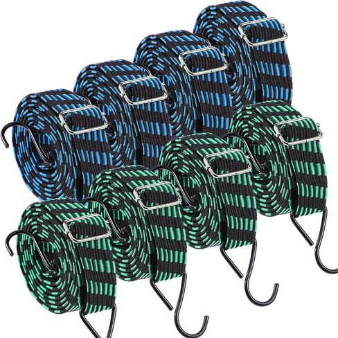 8 Pcs 80 Inch Flat Rubber Bungee Cords with Hooks, Adjustable Heavy Duty Elastic Straps for Securing Tarps, Moving Cargo, Camping, Luggage (Green Black, Blue Black) in Kuwait