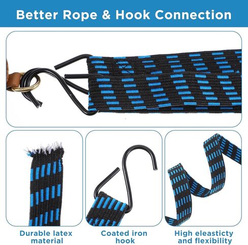 8 Pcs 80 Inch Flat Rubber Bungee Cords with Hooks, Adjustable Heavy Duty Elastic Straps for Securing Tarps, Moving Cargo, Camping, Luggage (Green Black, Blue Black) in Kuwait