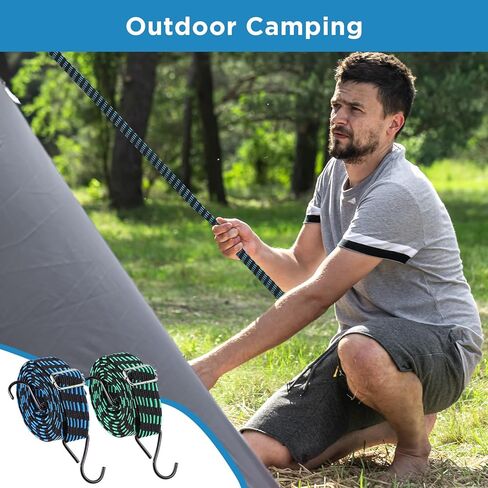8 Pcs 80 Inch Flat Rubber Bungee Cords with Hooks, Adjustable Heavy Duty Elastic Straps for Securing Tarps, Moving Cargo, Camping, Luggage (Green Black, Blue Black) in Kuwait