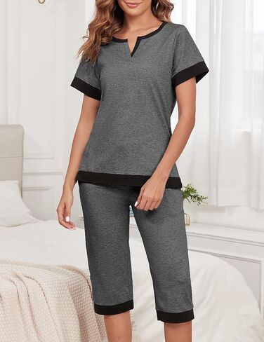Womens Cotton Pajamas Sets Soft Top and Capris Summer Sleepwear Set Comfy Pjs in Saudi Arabia