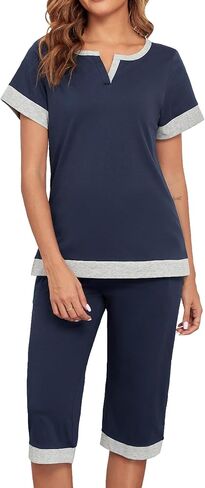 Womens Cotton Pajamas Sets Soft Top and Capris Summer Sleepwear Set Comfy Pjs in Saudi Arabia
