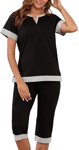 Womens Cotton Pajamas Sets Soft Top and Capris Summer Sleepwear Set Comfy Pjs in Saudi Arabia